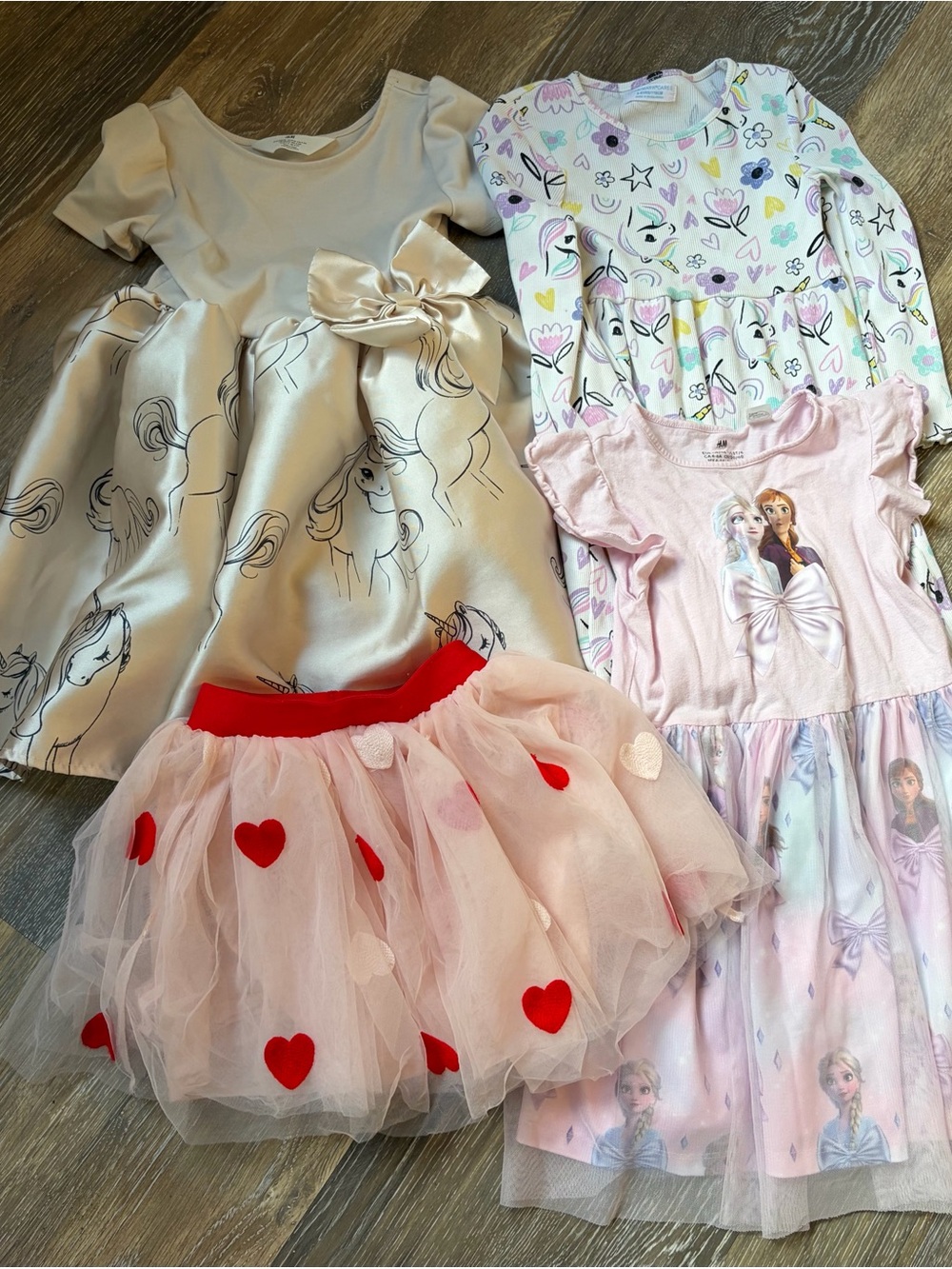 Bundle of girls dresses and skirt size 5/6. Elsa, unicorns, flowers and hearts